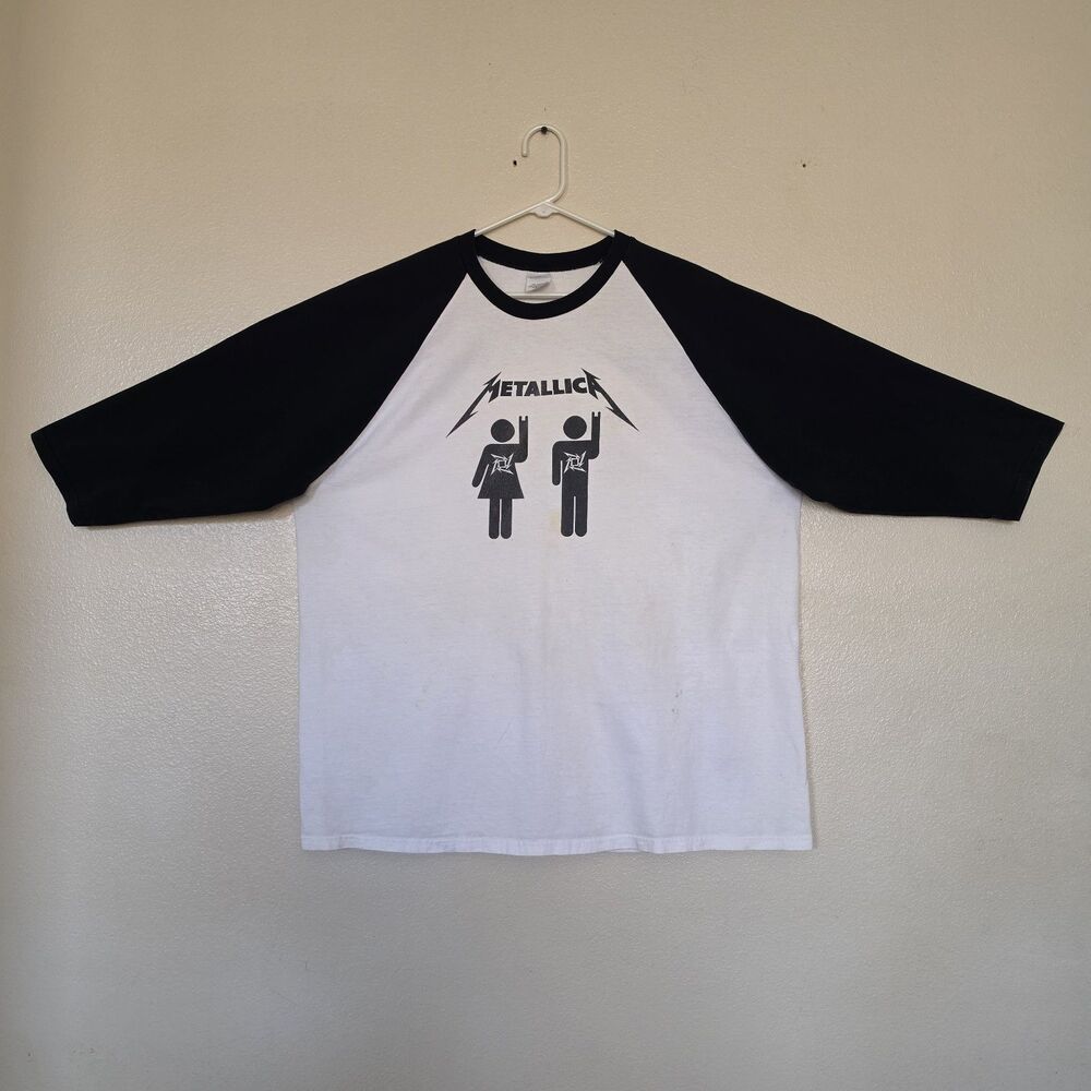 Vtg Metallica Man Woman Devil Horns Up 2XL T-Shirt Raglan Male Female *Stained*